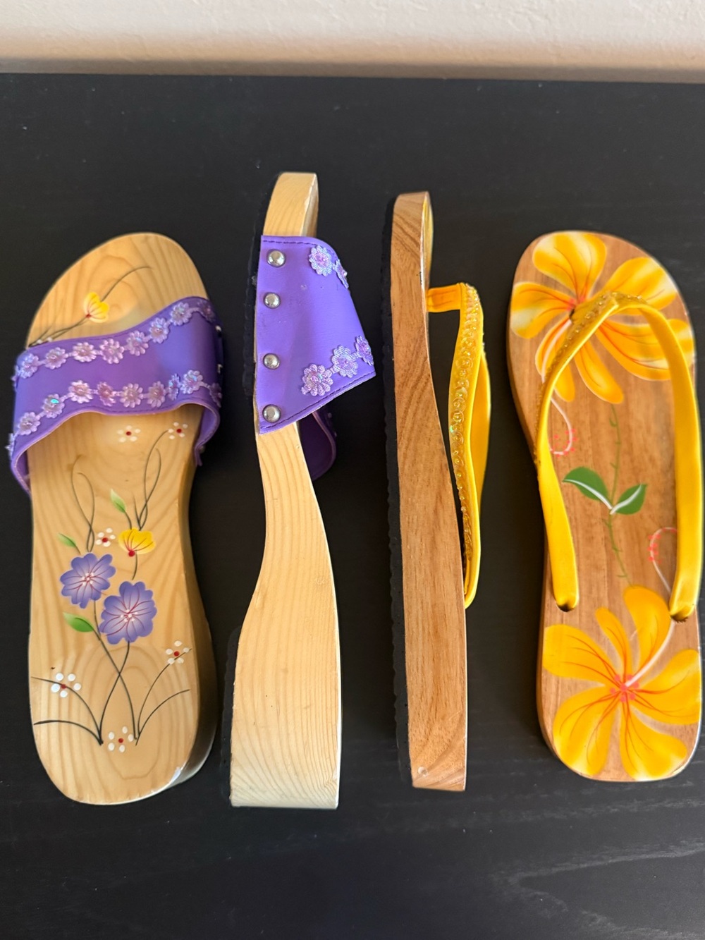 Hand Painted Wooden Platform Sandals Flip Flops Floral Yellow Purple 2 Pr Bundle